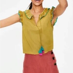 Boden Laurie yellow sleeveless top with teal fringe, pink pompoms. Size US 8.